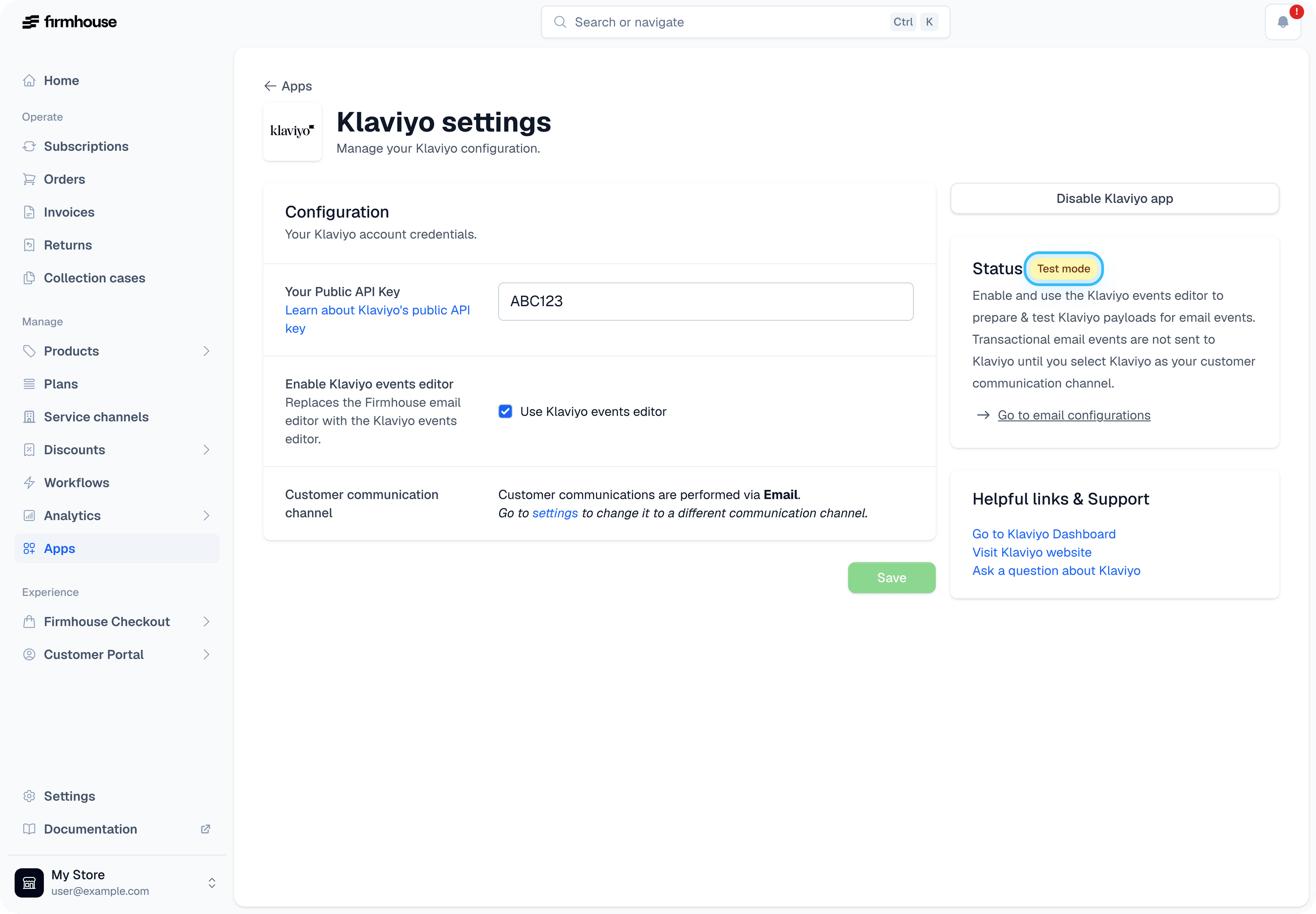 Klaviyo test mode status
