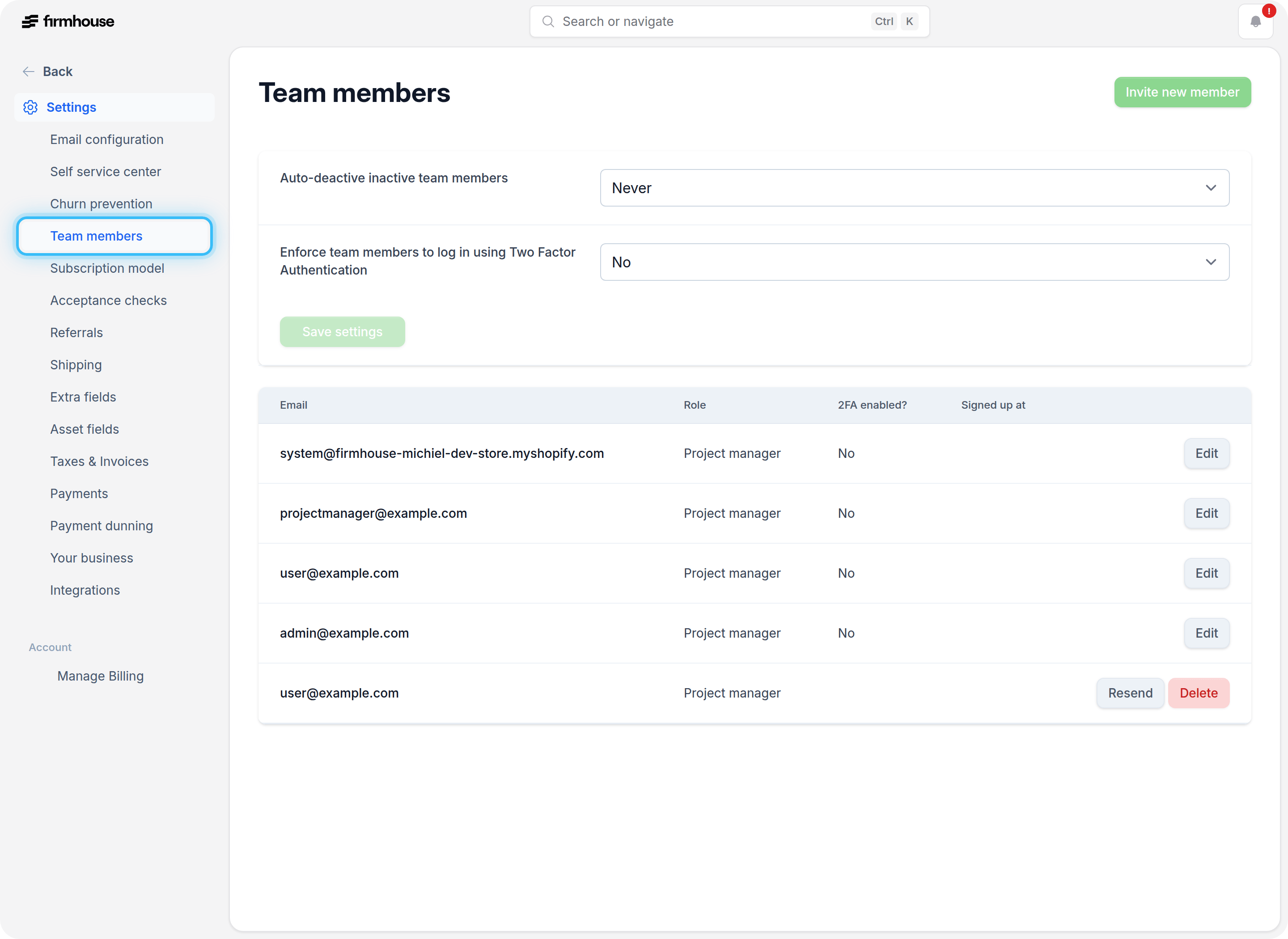 Team Members Settings Page
