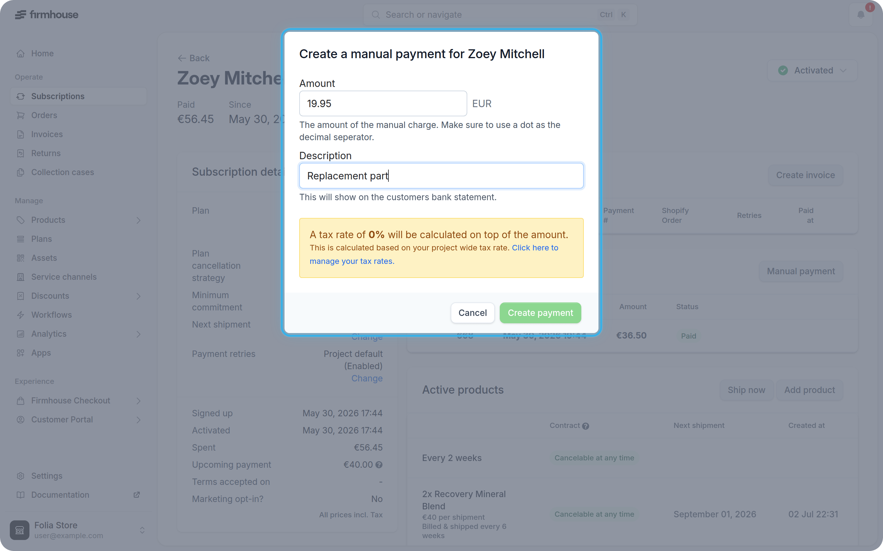 One-off payment dialog with amount and description fields
