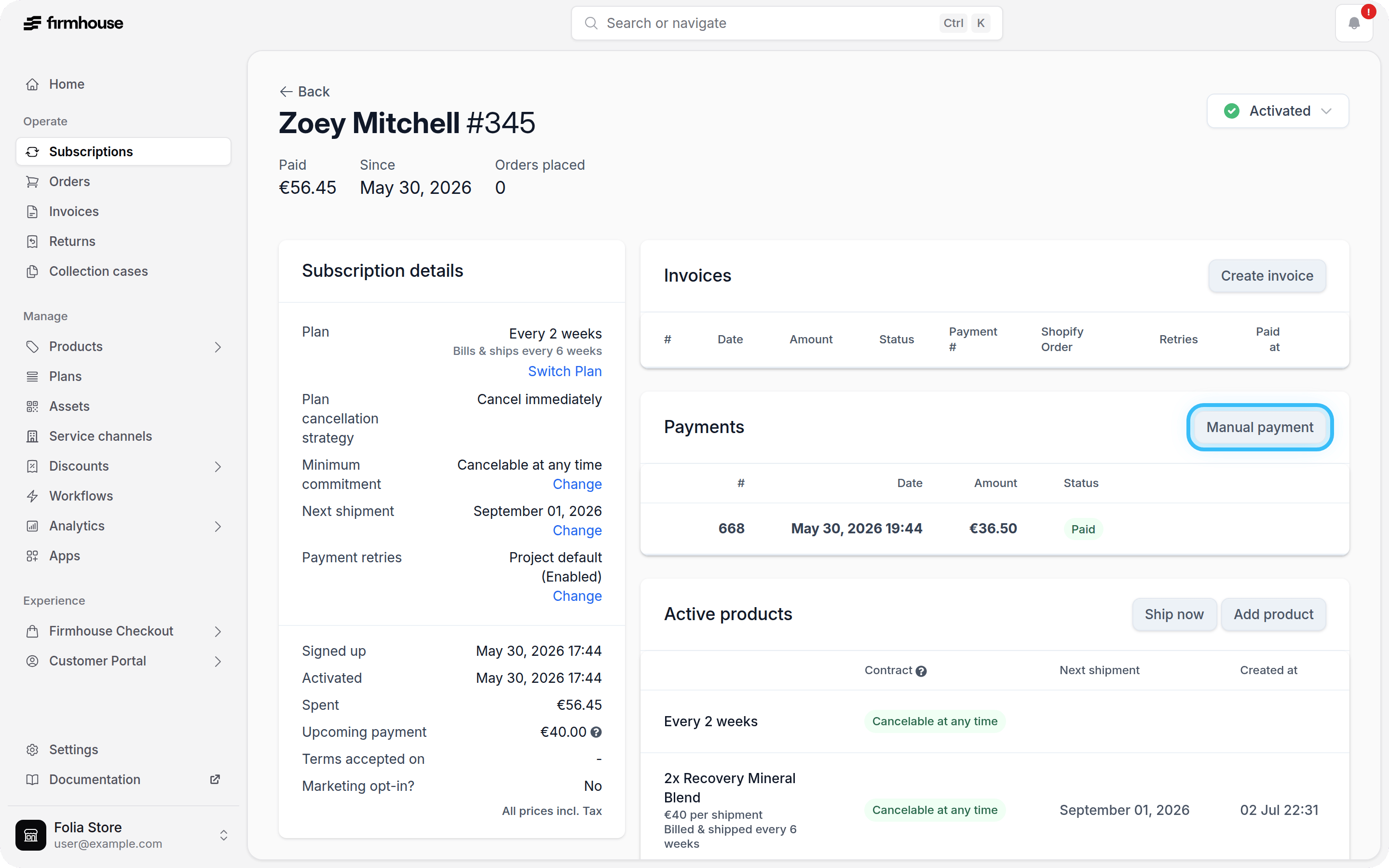 Payment History section with Manual Payment button
