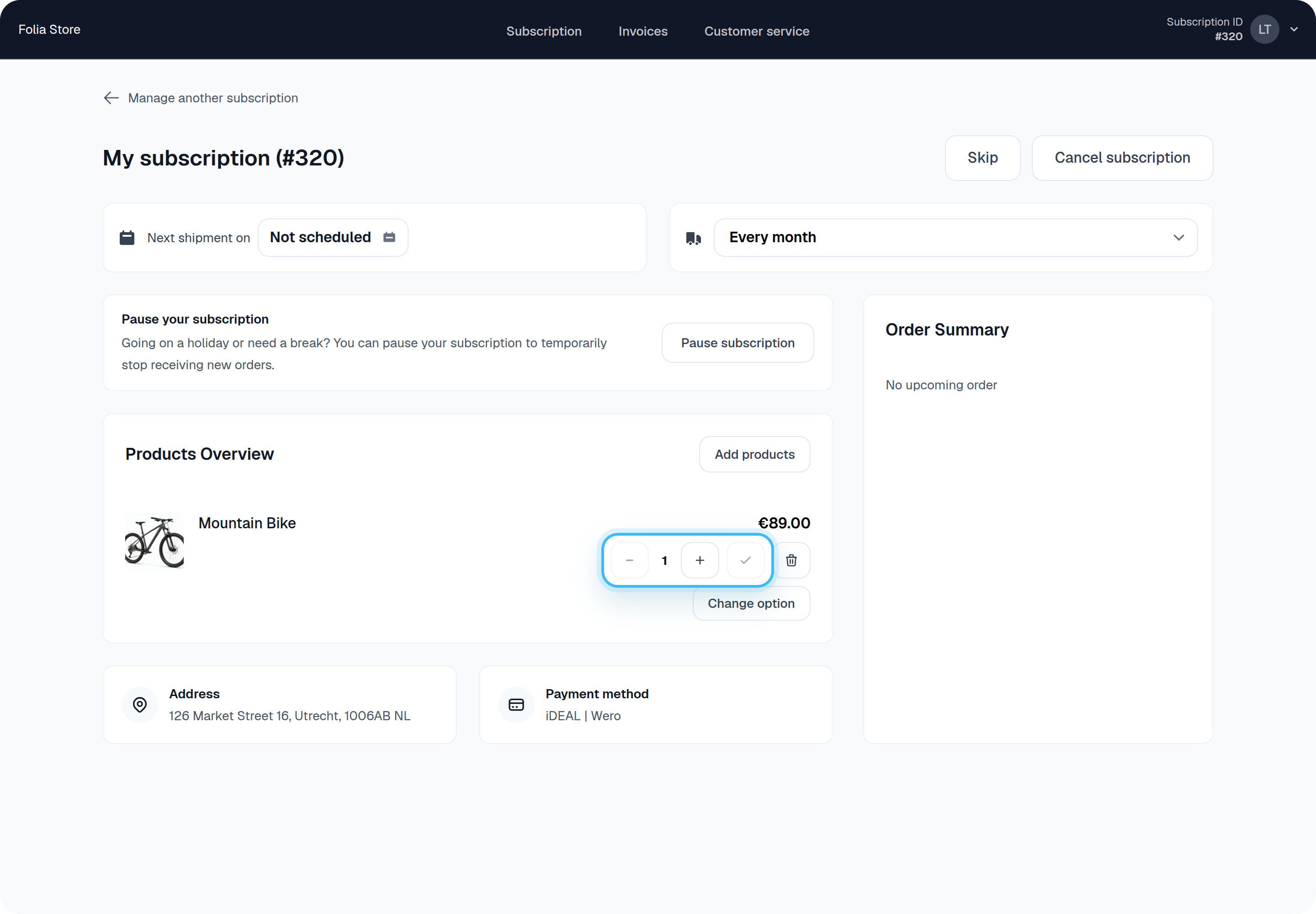 Quantity controls next to a product in Customer Portal v2