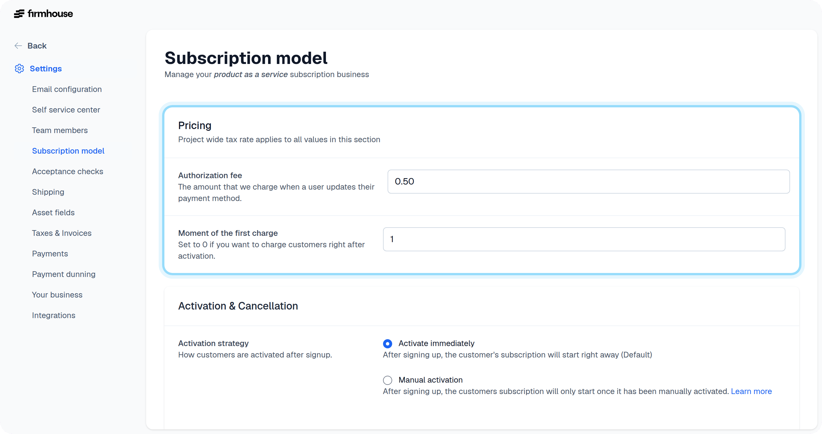 Subscription Model settings screen