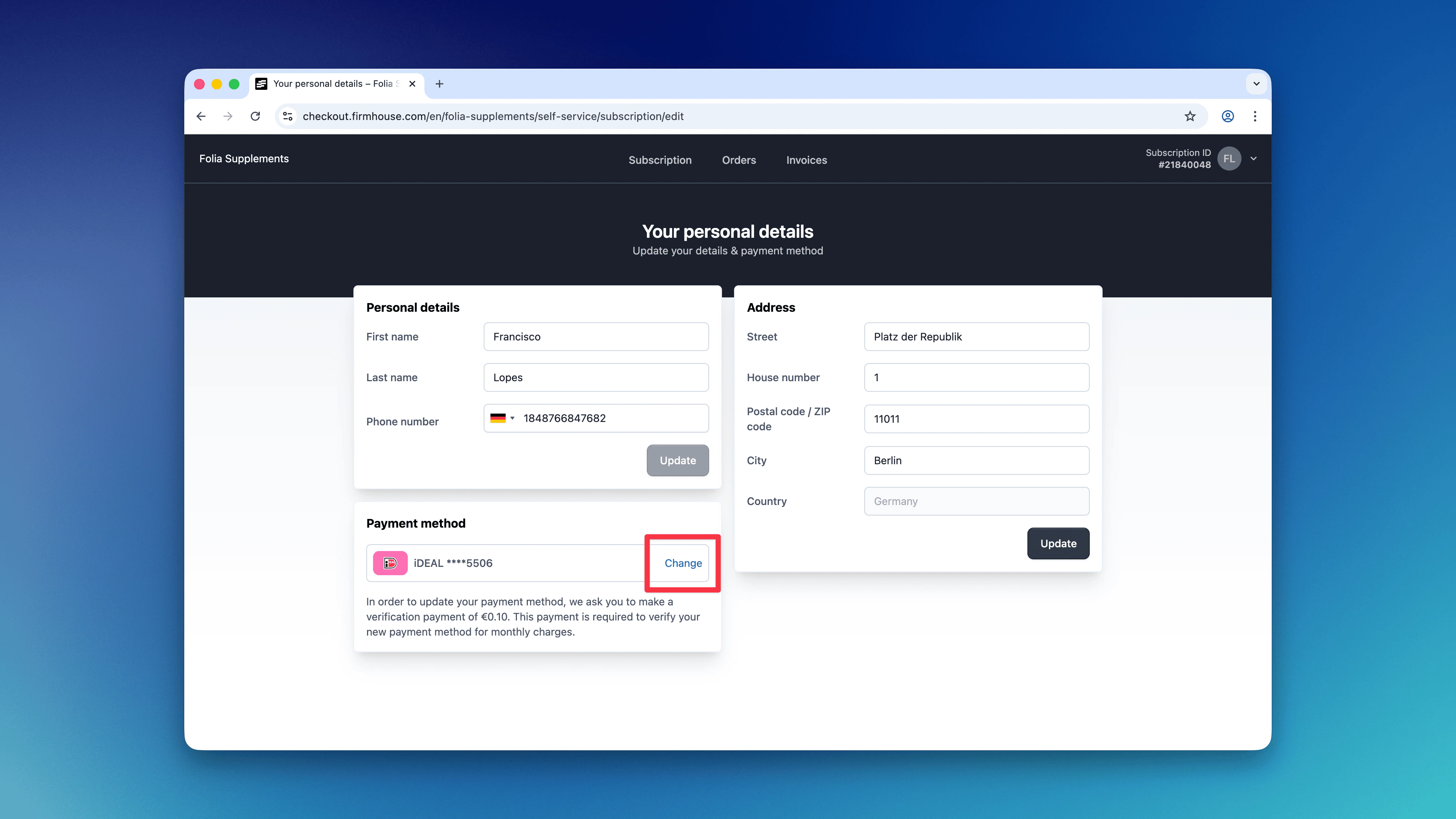 Payment Change Button