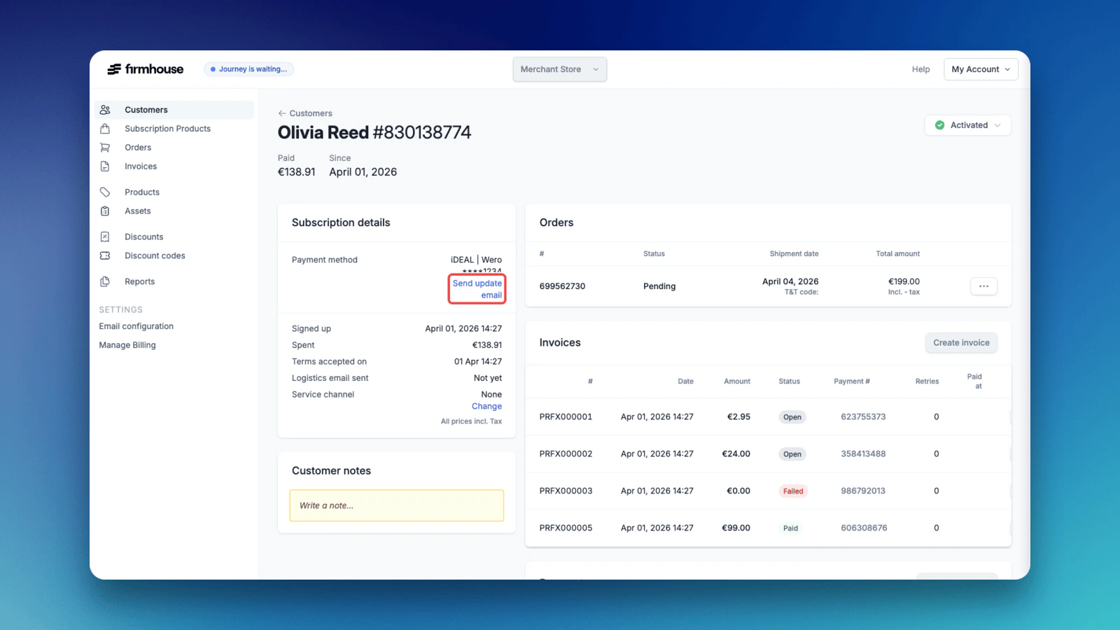 Where to click Send update email in the Firmhouse Portal