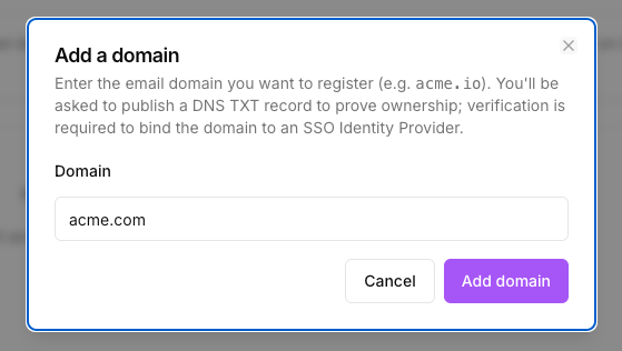 Add domain dialog