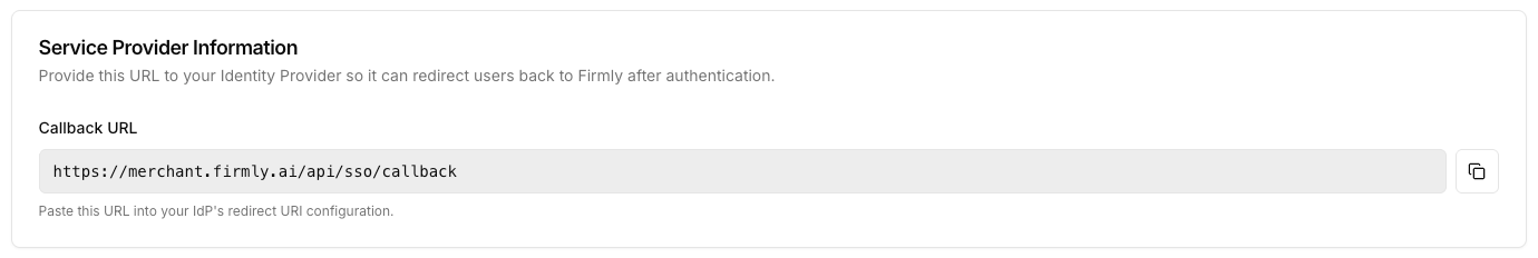 Callback URL panel with copy button