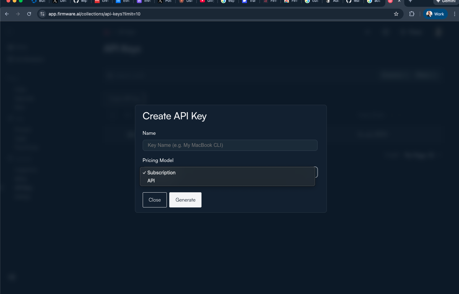 API key pricing model selection