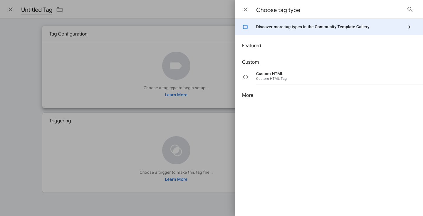 Tag type picker with Custom HTML visible under the Custom section