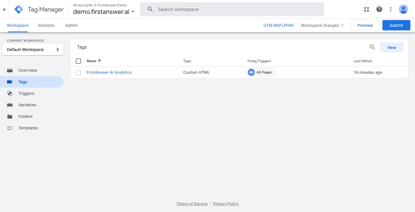 Tags list showing the FirstAnswer AI Analytics tag saved with Custom HTML type and All Pages firing trigger