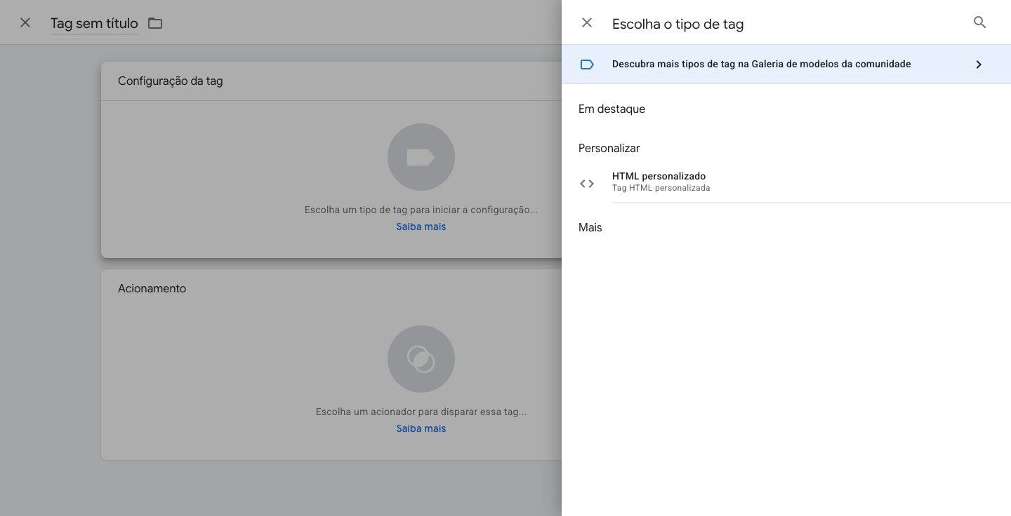 Seletor de tipo de tag com a opção HTML personalizado visível na seção Custom
