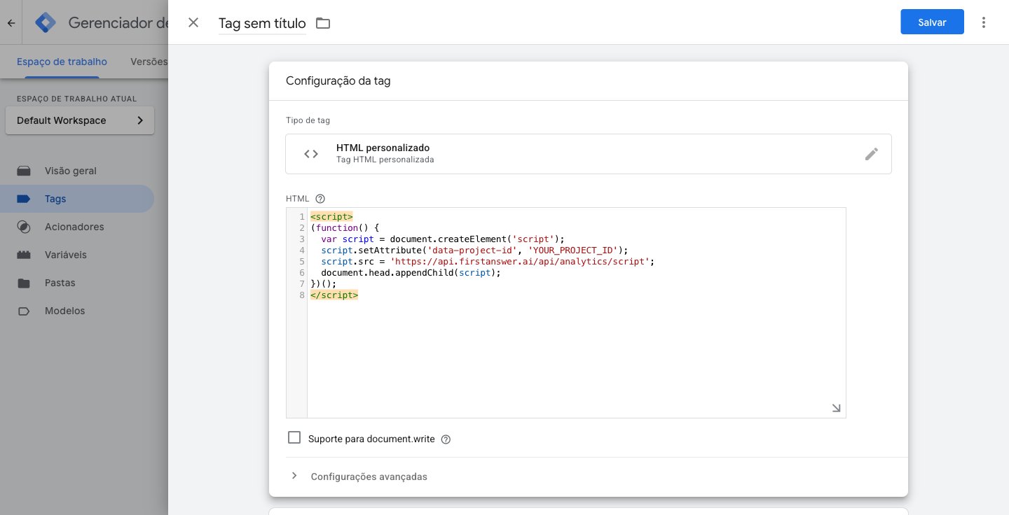 Tag HTML personalizado com o snippet de rastreamento do FirstAnswer colado no campo HTML