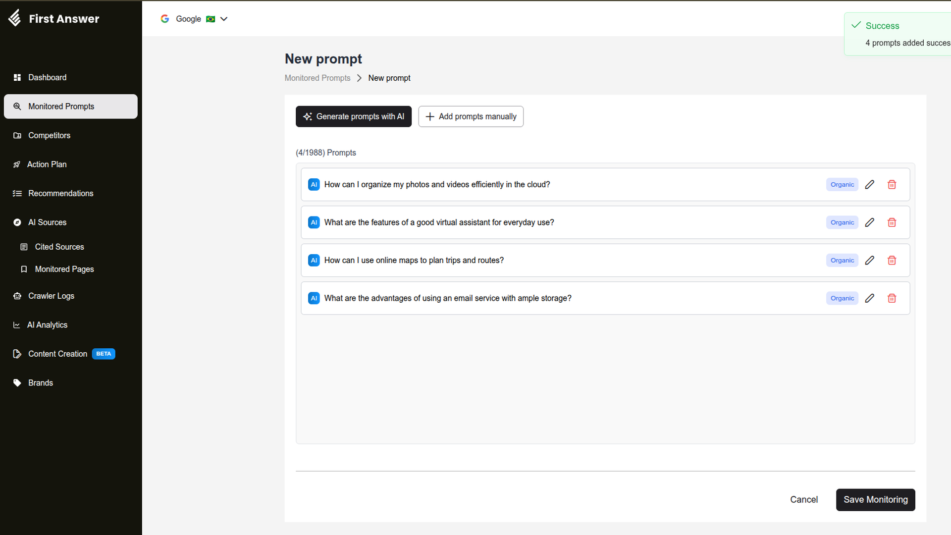 New prompt page with four AI-generated prompts in the list, each with the AI and Organic badges and edit and delete buttons, and a success message