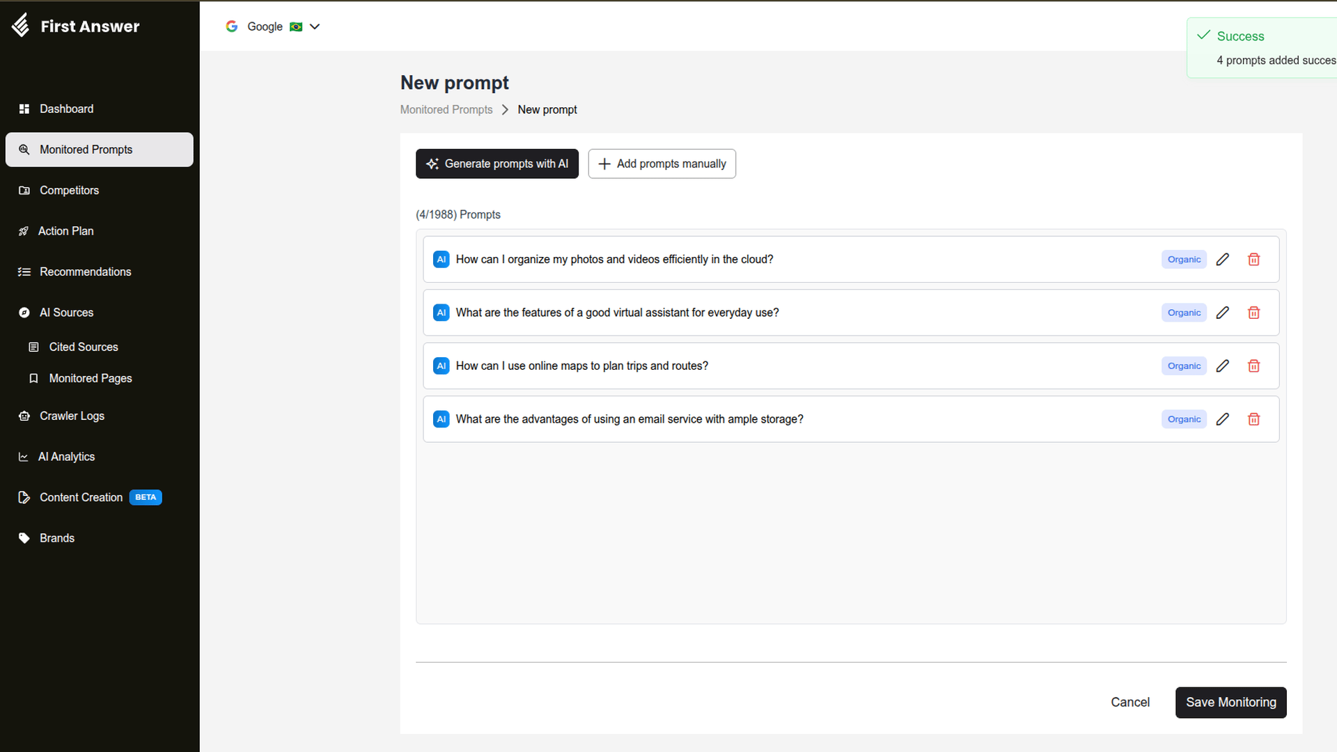 New prompt page with four AI-generated prompts in the list, each with the AI and Organic badges and edit and delete buttons, and a success message