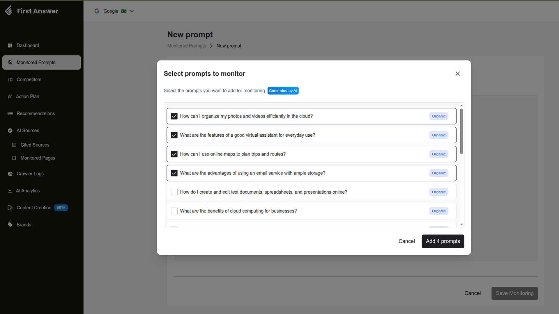 Select prompts to monitor modal with a list of AI-generated suggestions, four of them checked, each with the Organic badge, and the Add 4 prompts button