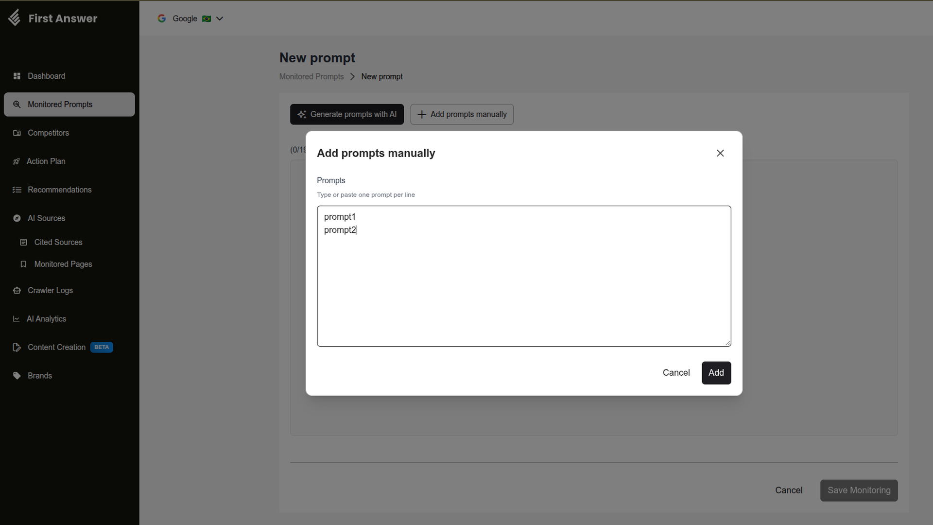 Add prompts manually modal with the Prompts field filled with two prompts, one per line, and the Add button