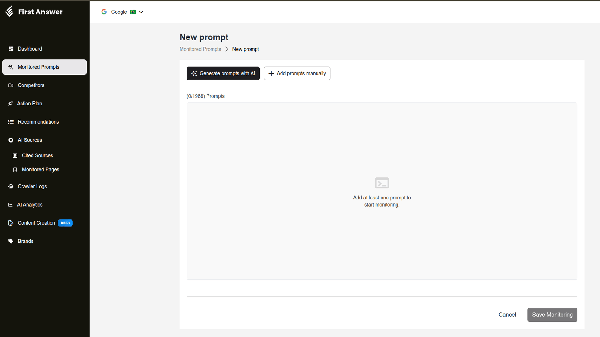 New prompt page with the Generate prompts with AI and Add prompts manually buttons and an empty prompt list