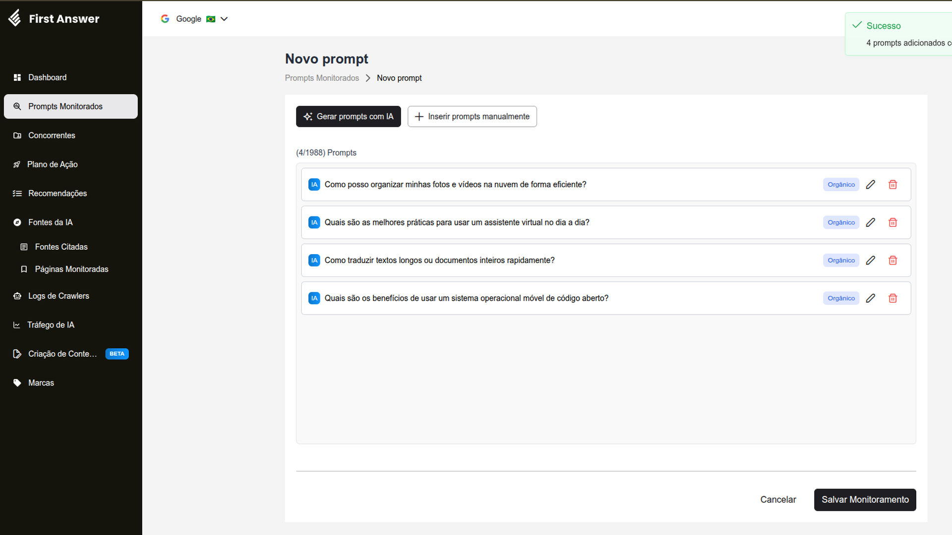 Tela Novo prompt com quatro prompts gerados por IA na lista, cada um com os selos IA e Orgânico e os botões de editar e excluir