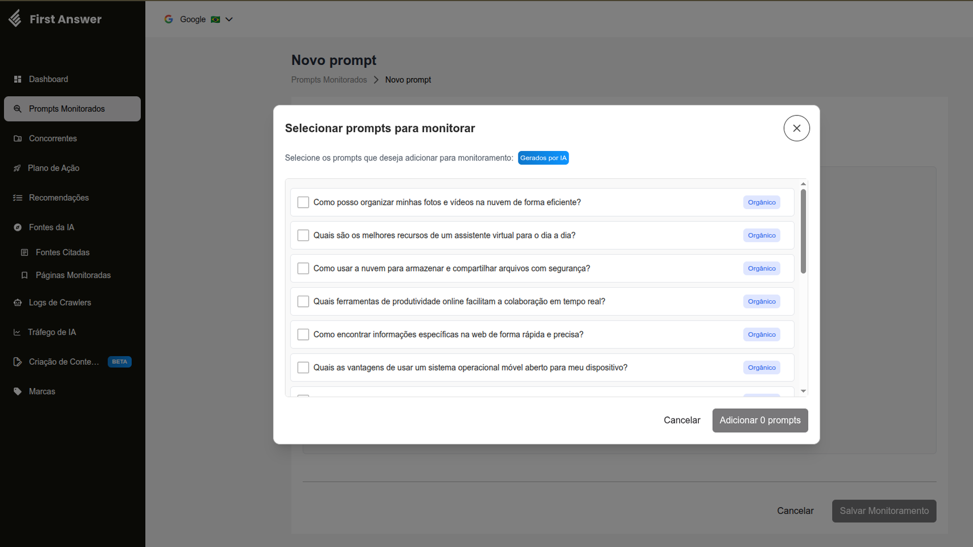 Modal Selecionar prompts para monitorar com a lista de sugestões geradas por IA, cada uma com caixa de seleção e o selo Orgânico, e os botões Cancelar e Adicionar prompts