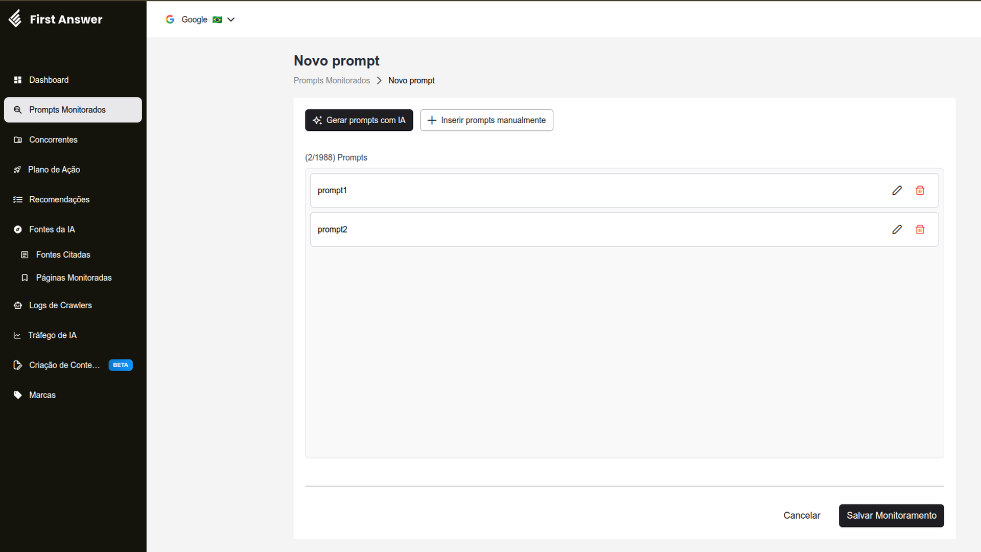 Tela Novo prompt com dois prompts adicionados na lista, cada um com os botões de editar e excluir, e o contador mostrando 2 prompts