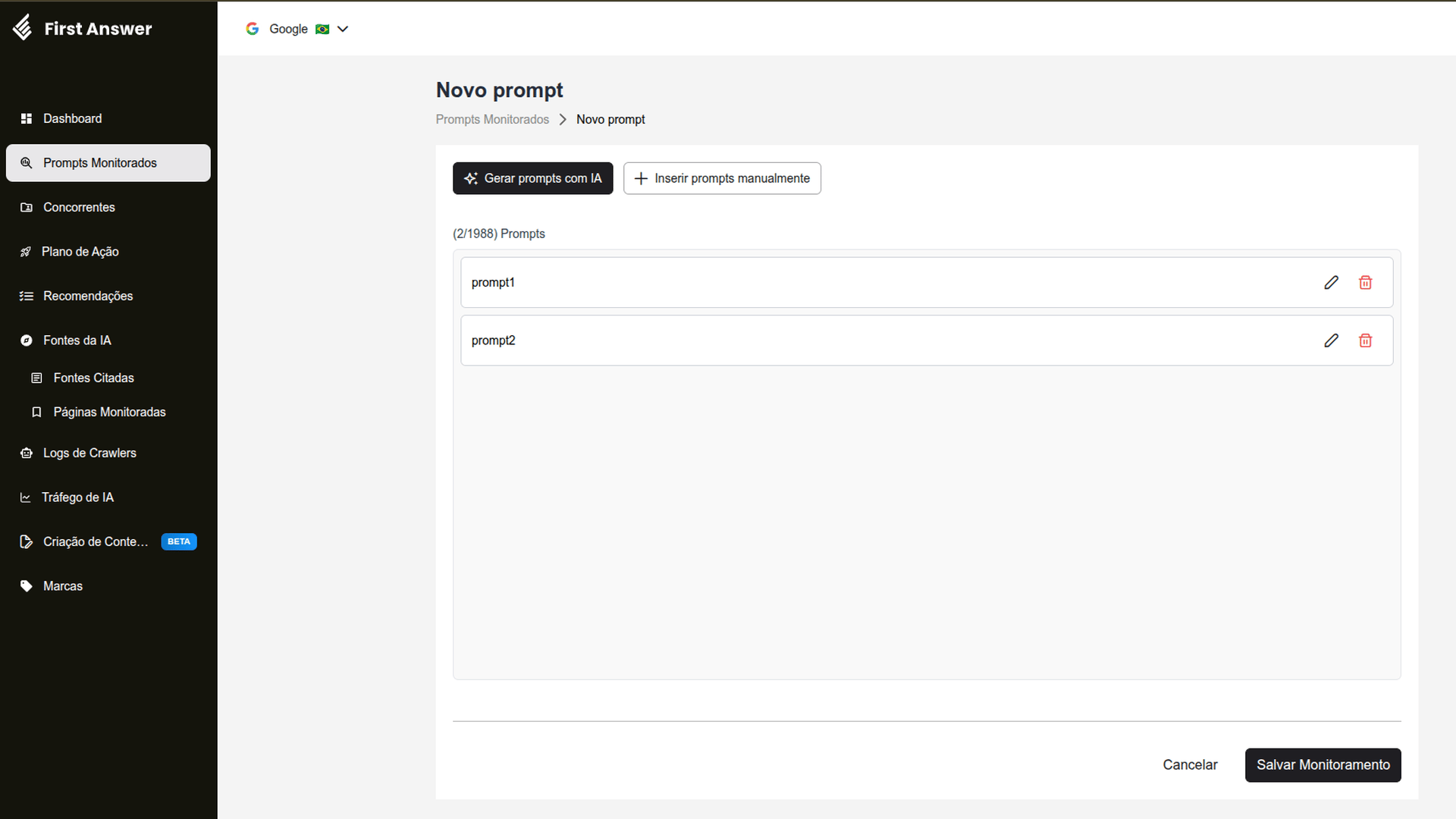 Tela Novo prompt com dois prompts adicionados na lista, cada um com os botões de editar e excluir, e o contador mostrando 2 prompts