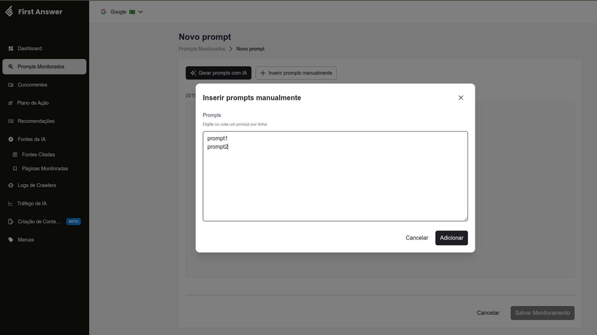 Modal Inserir prompts manualmente com o campo Prompts preenchido com dois prompts, um por linha, e o botão Adicionar