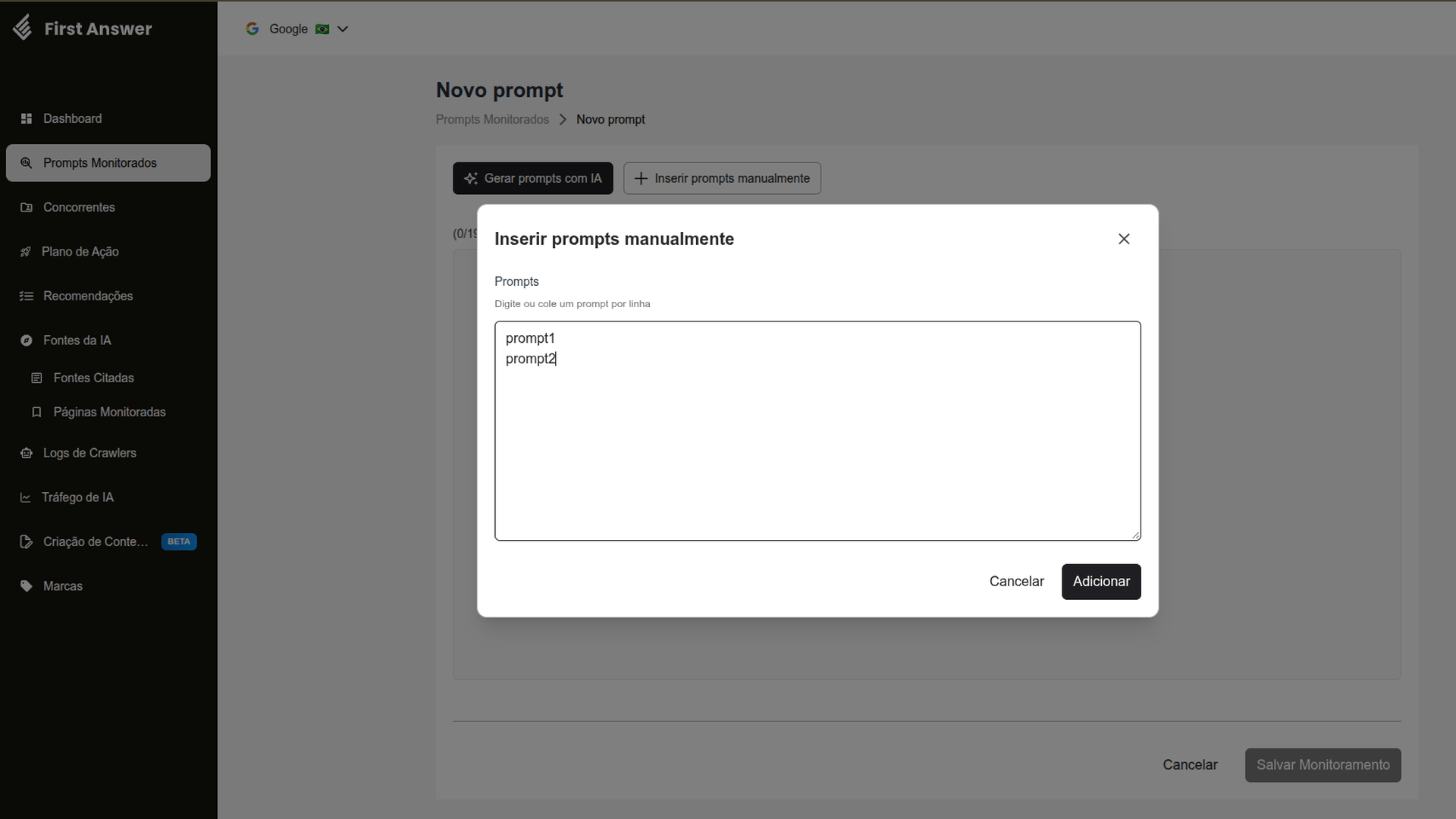 Modal Inserir prompts manualmente com o campo Prompts preenchido com dois prompts, um por linha, e o botão Adicionar