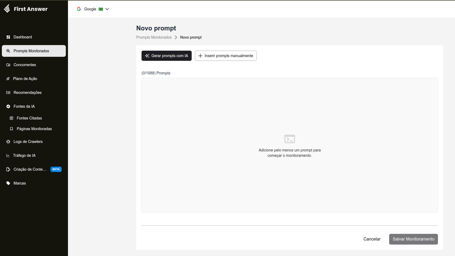 Tela Novo prompt com os botões Gerar prompts com IA e Inserir prompts manualmente e a lista de prompts vazia