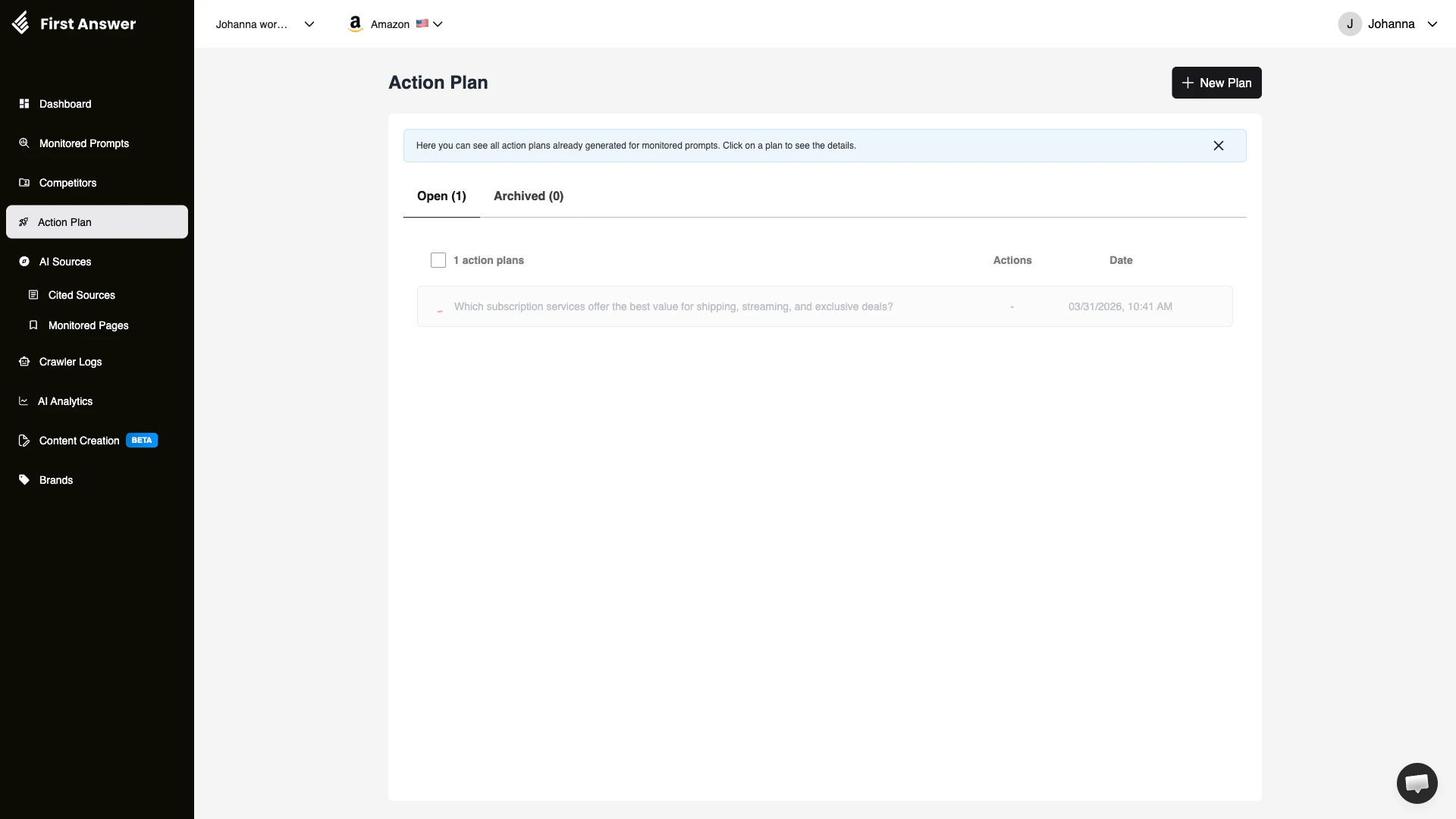 Action Plan page showing a list of generated plans with actionable recommendations