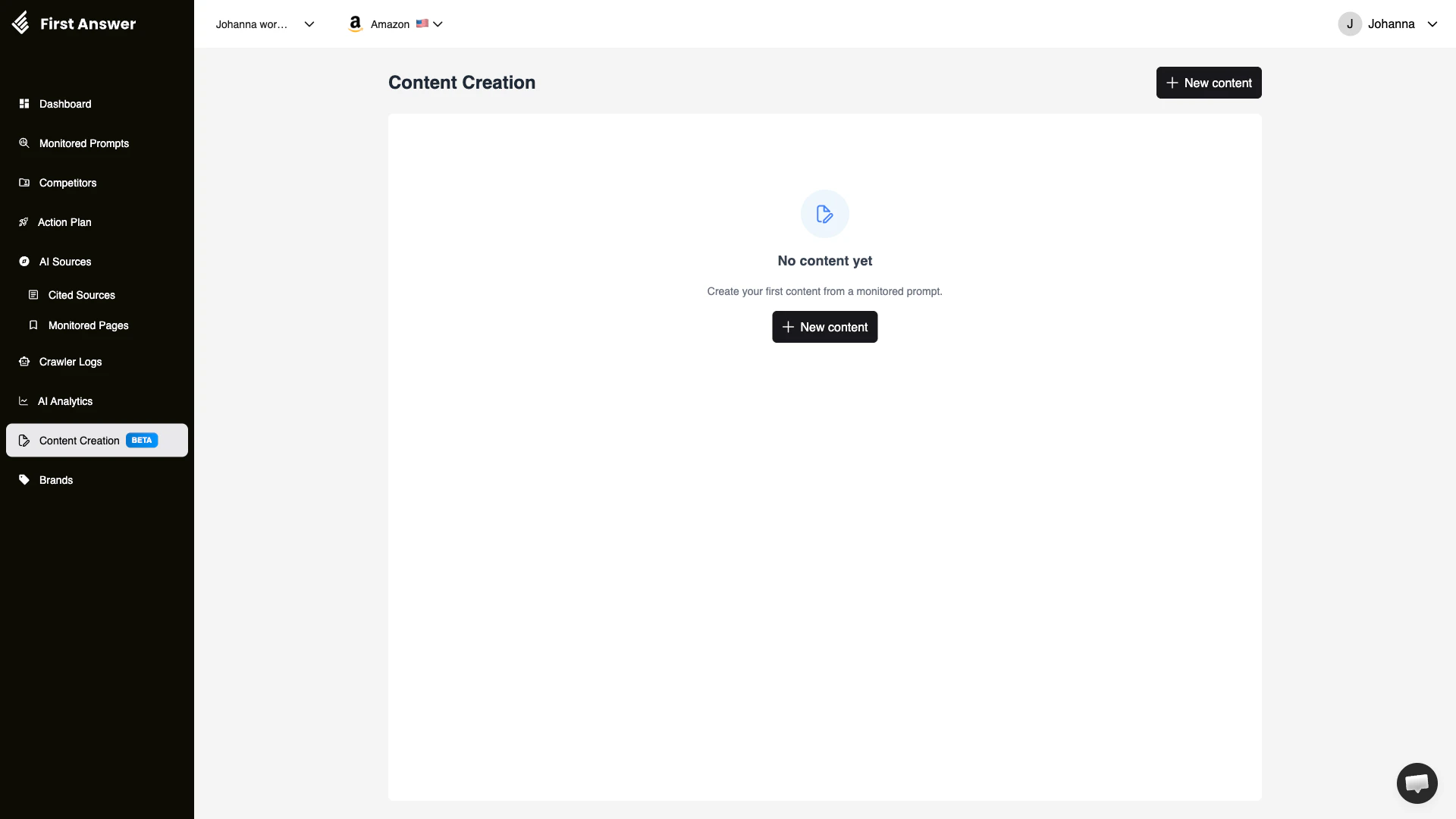 Content Creation page with option to create new AI-optimized content from monitored prompts
