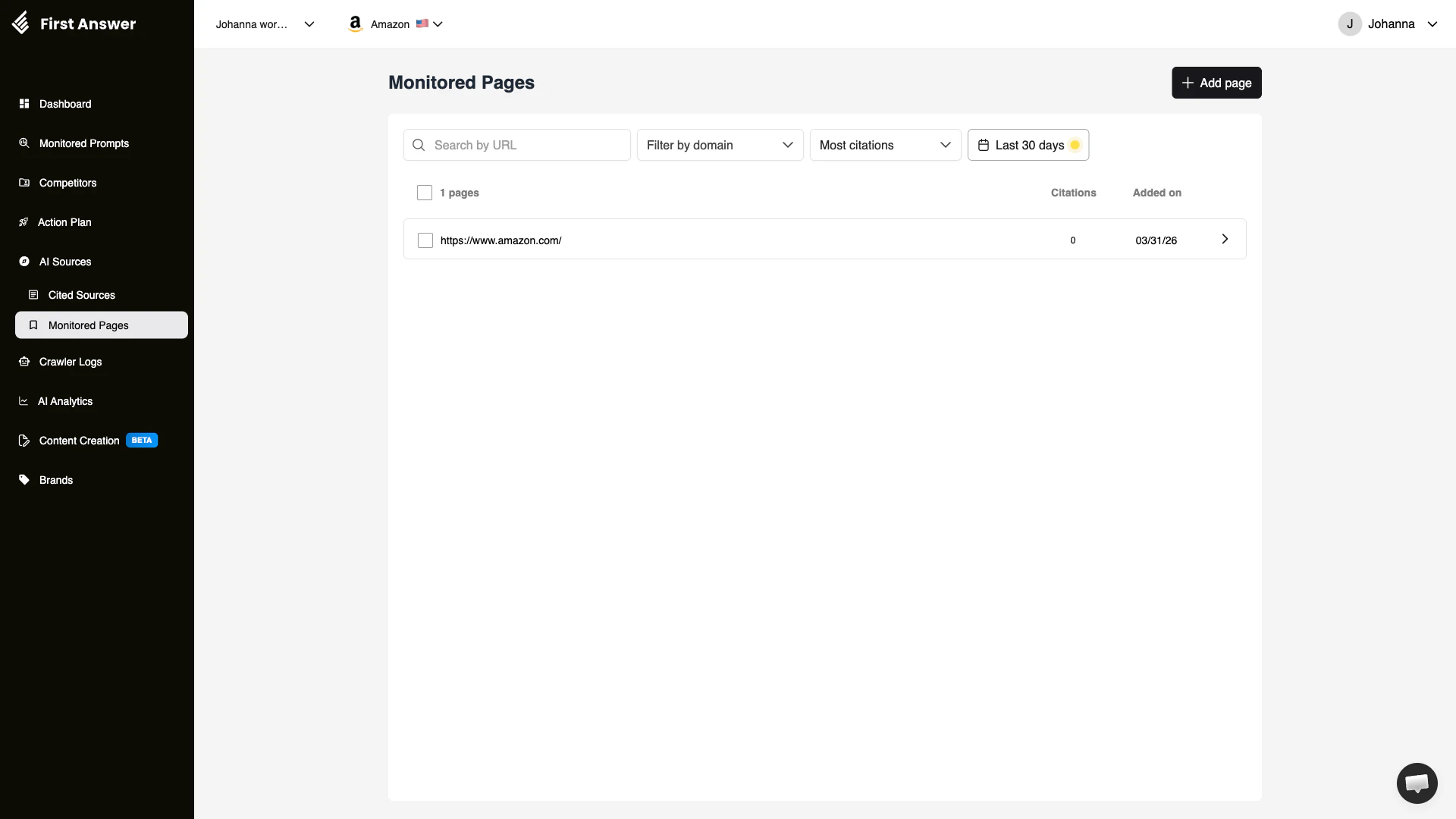 Monitored Pages showing search and filter interface for tracking specific URLs cited by AI models