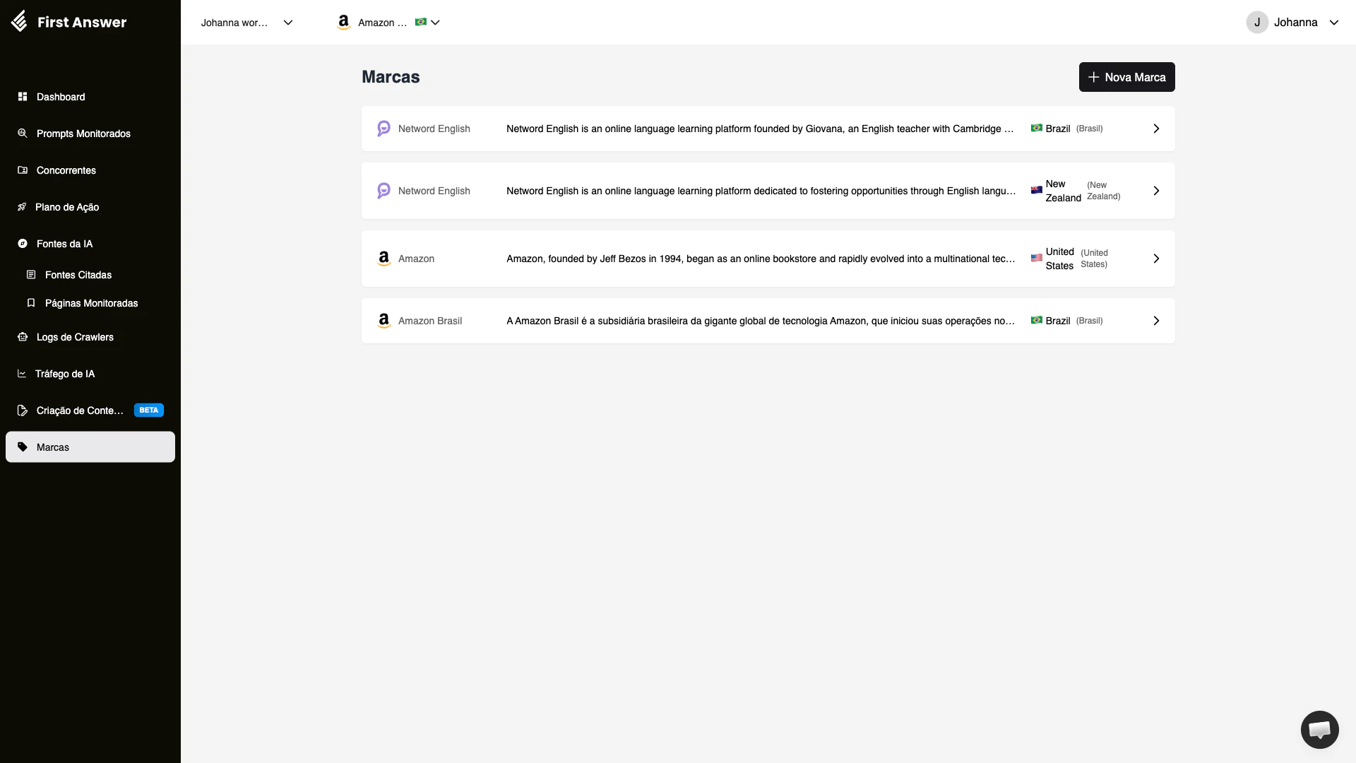 Página de Marcas mostrando lista de todas as marcas gerenciadas com descrições e informações de país