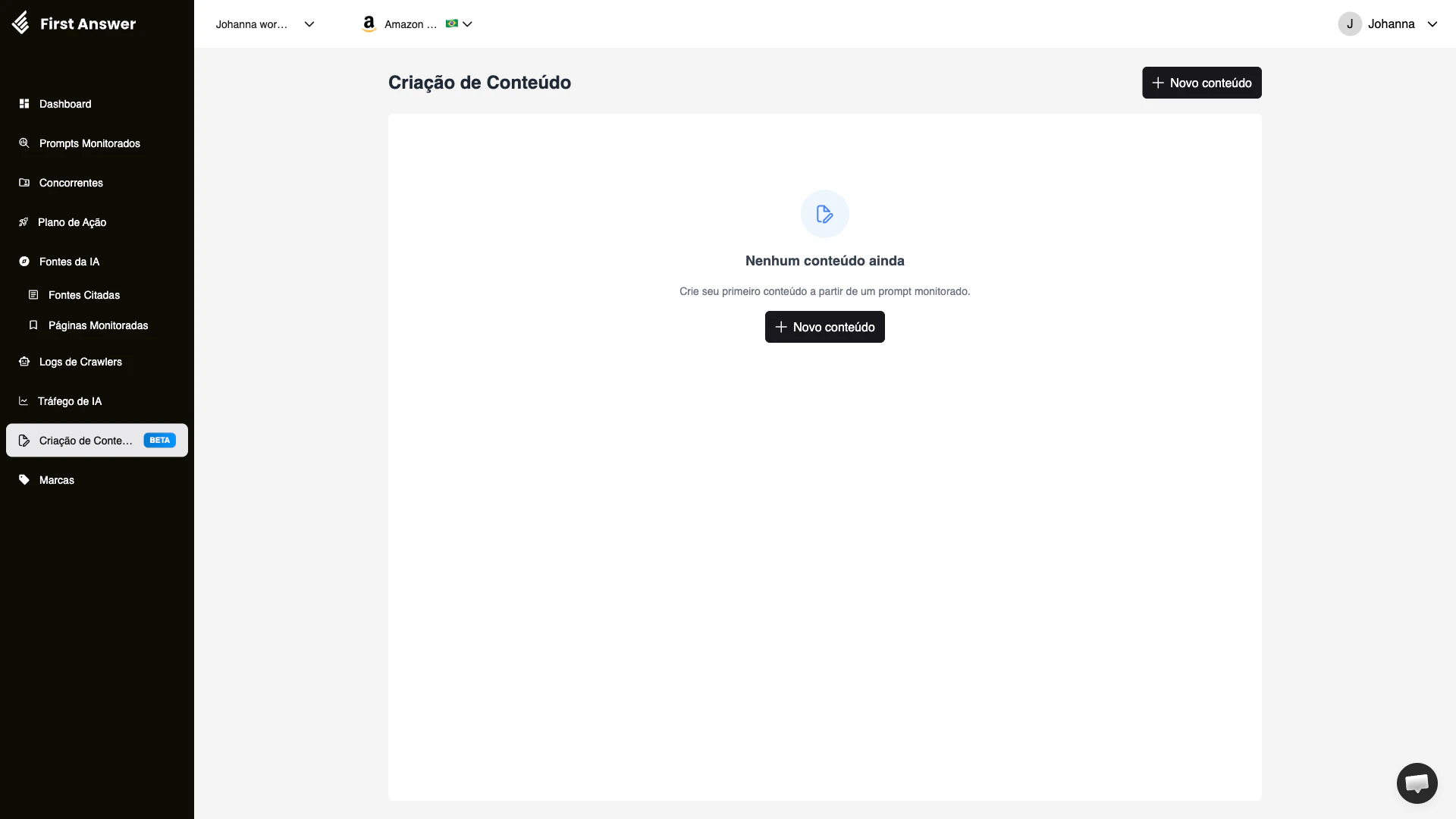 Página de Criação de Conteúdo com opção de criar novo conteúdo otimizado para IA a partir de prompts monitorados