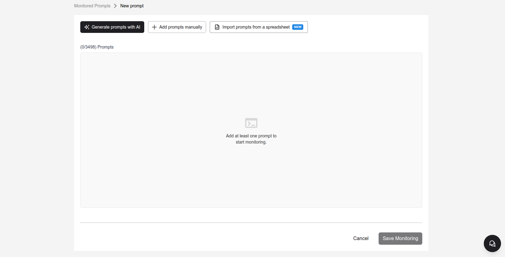 New prompt page with the Generate prompts with AI, Add prompts manually and Import prompts from a spreadsheet buttons, with the NEW badge, and an empty prompt list