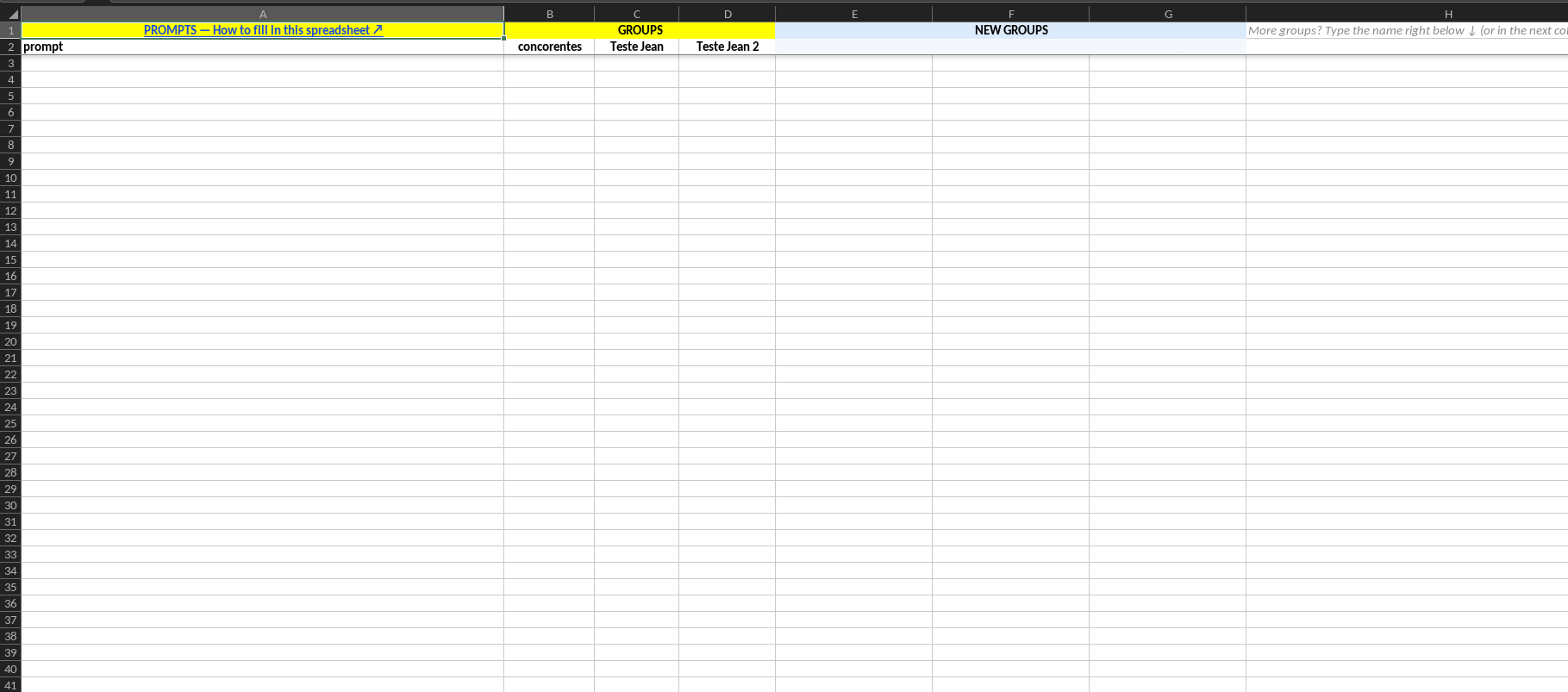 Template spreadsheet open with the PROMPTS — How to fill in this spreadsheet link in cell A1, the GROUPS and NEW GROUPS bands in row 1, the prompt column and existing groups in row 2, empty columns for new groups and the More groups note next to them