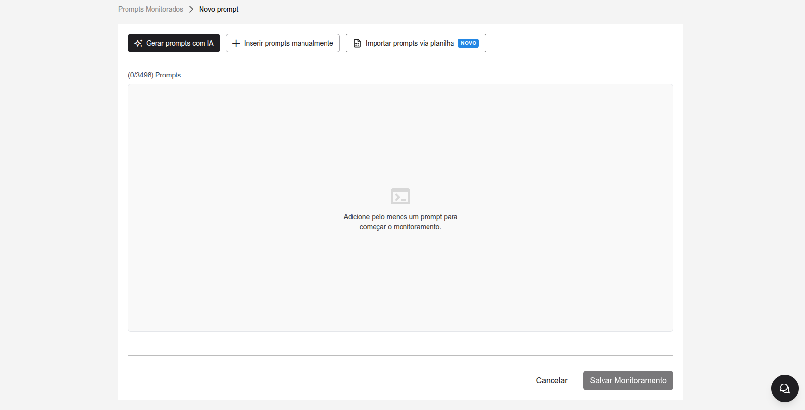 Tela Novo prompt com os botões Gerar prompts com IA, Inserir prompts manualmente e Importar prompts via planilha, com o selo NOVO, e a lista de prompts vazia