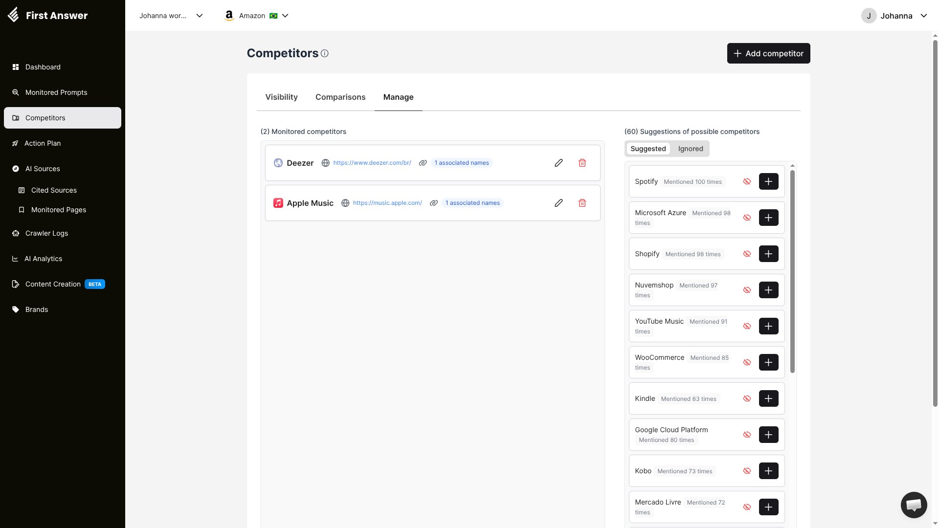 Manage tab with monitored competitors on the left and suggested competitors on the right