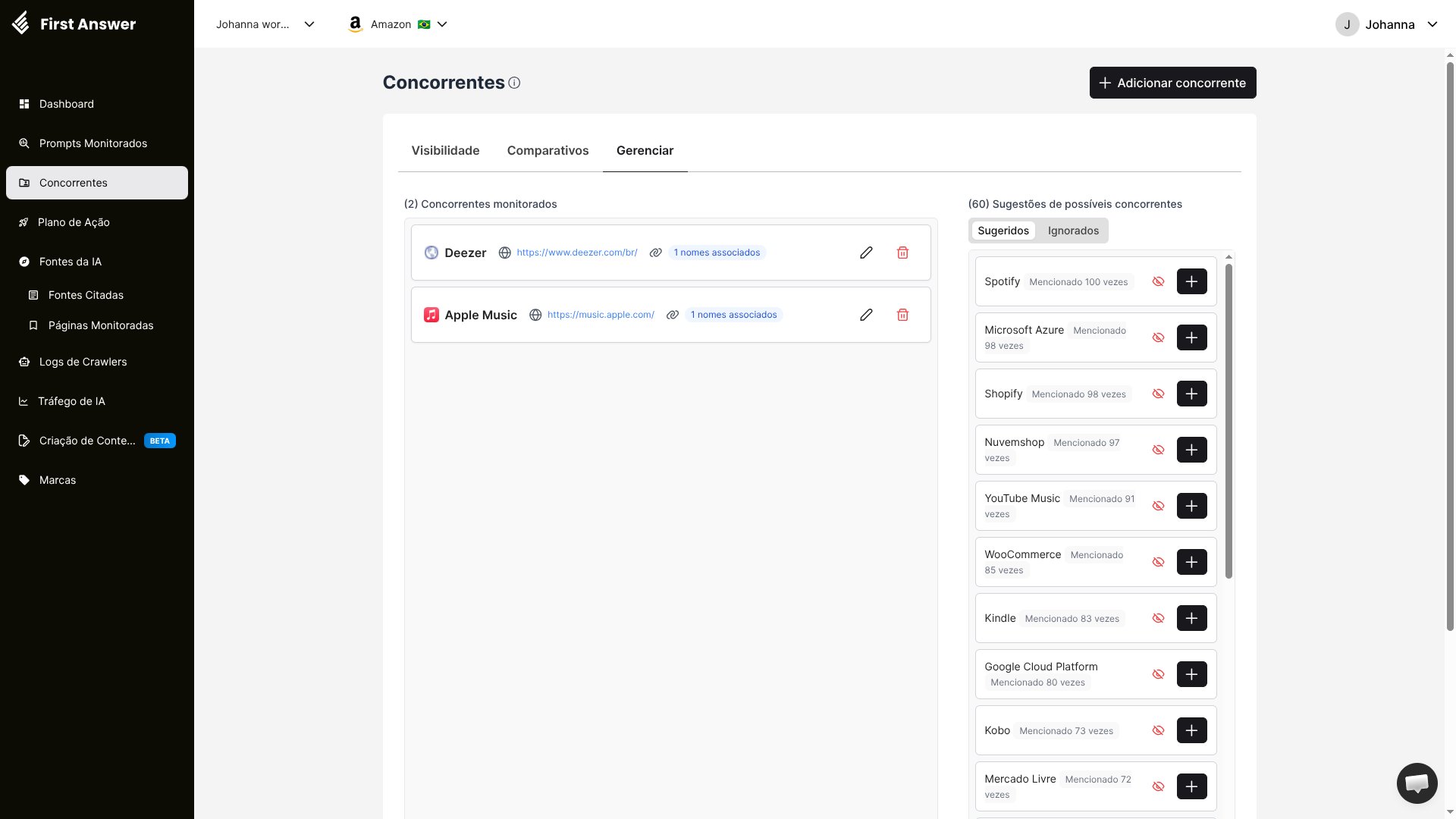 Aba Gerenciar com os concorrentes monitorados à esquerda e as sugestões de concorrentes à direita