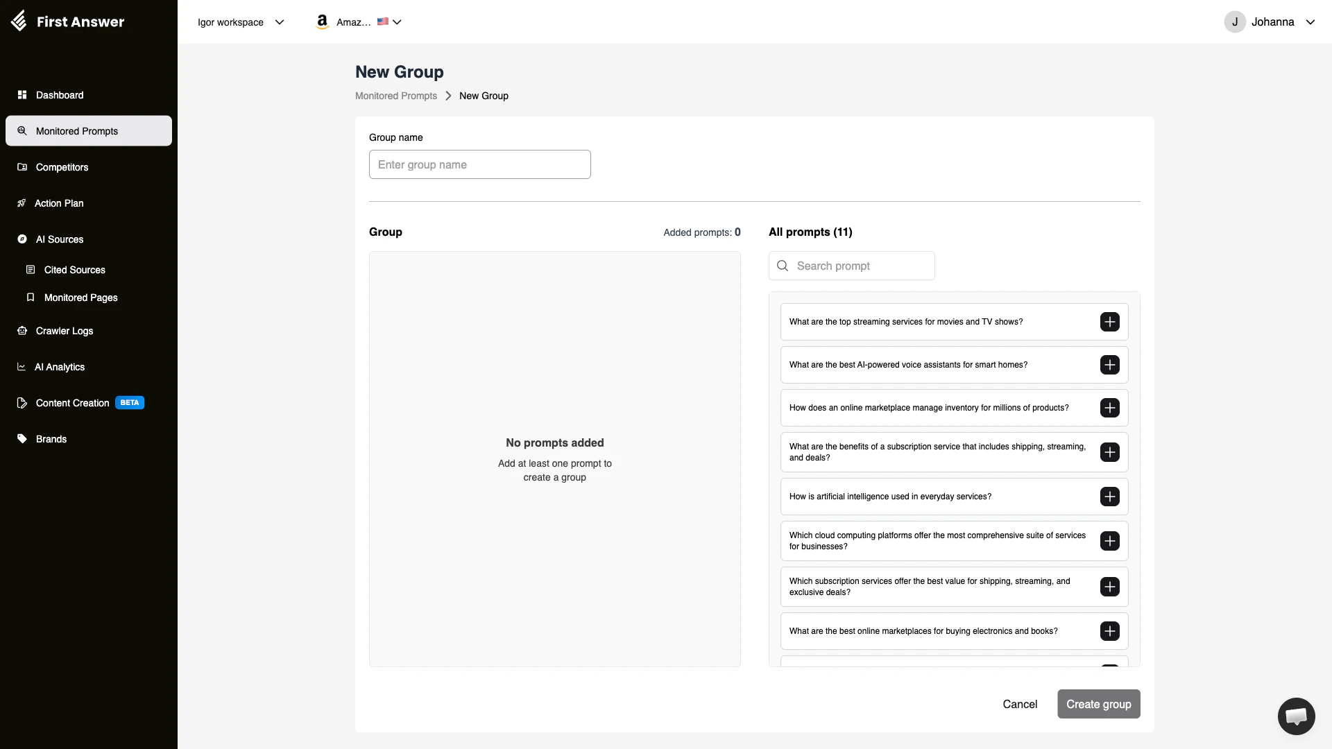 New Group creation form showing a group name field on the left, an empty group area with 'No prompts added' message, and an 'All prompts' panel on the right with a list of prompts and plus buttons to add them