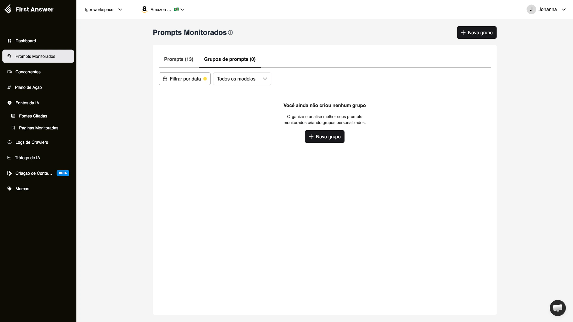 Aba Grupos de Prompts mostrando tabela com nome do grupo, total de prompts, respostas, menções e barra de visibilidade do grupo