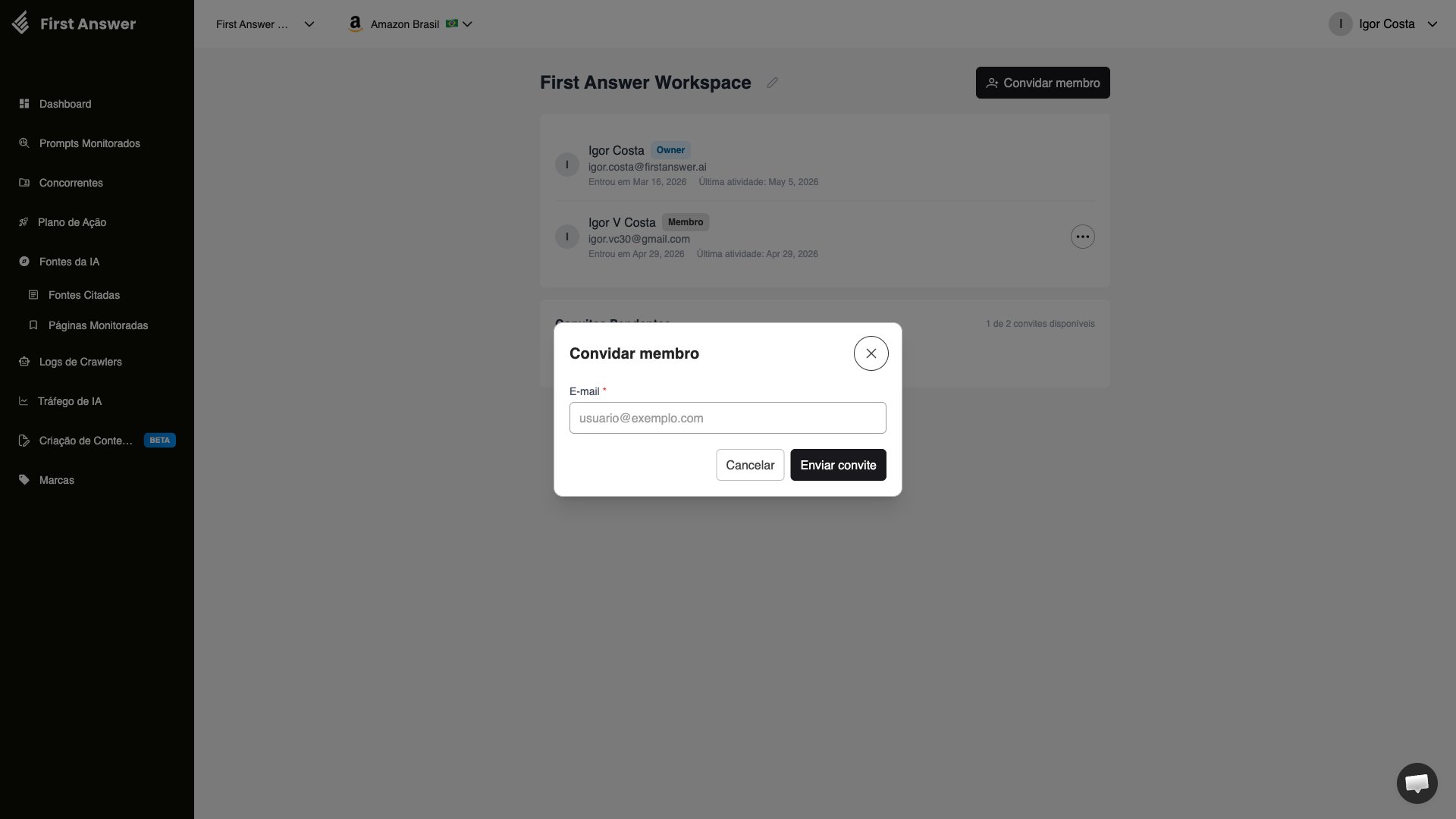 Modal Convidar membro com campo de e-mail e botão Enviar convite