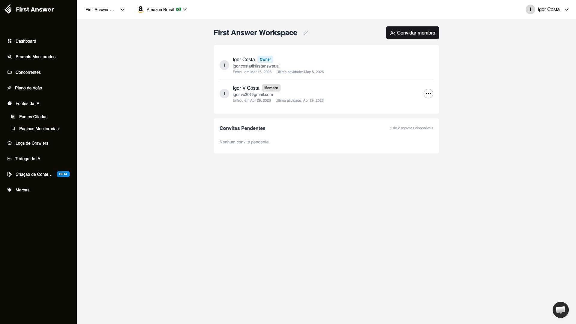 Página de configurações do Workspace no First Answer mostrando a lista de membros e a seção de Convites Pendentes