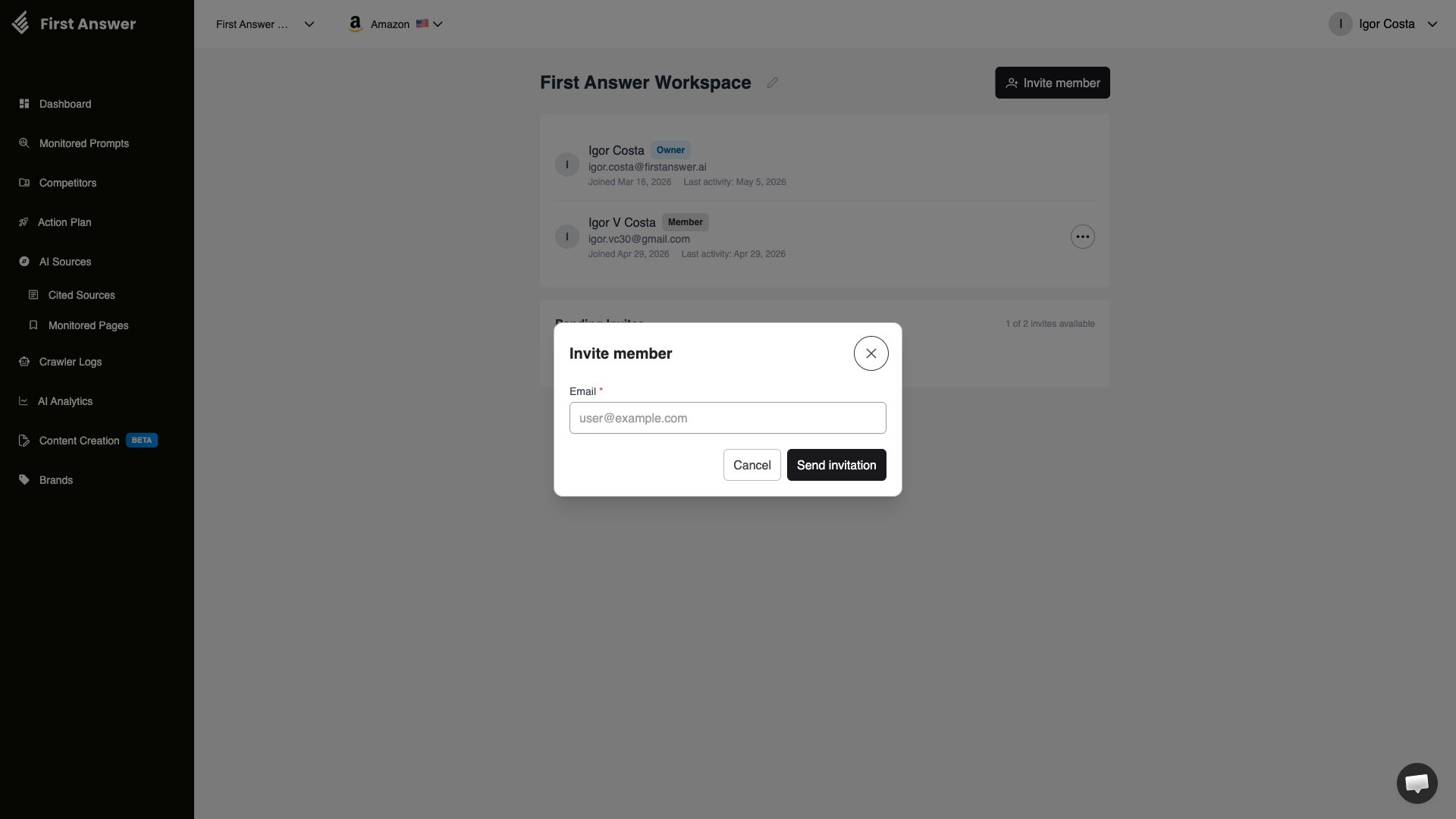 Invite member modal with email input field and Send invitation button
