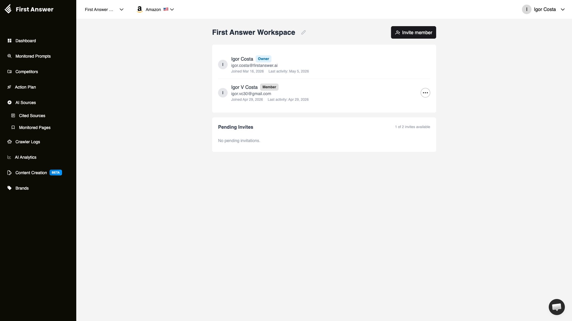 First Answer Workspace settings page showing the member list and Pending Invites section