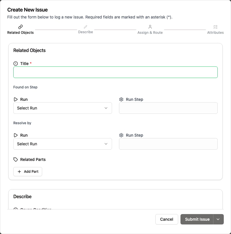 Create New Issue form showing the Title field, Found on Step, Resolve by, and Related Parts