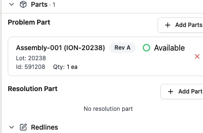 Issue Parts tab showing a Problem Part with an attached part and an empty Resolution Part