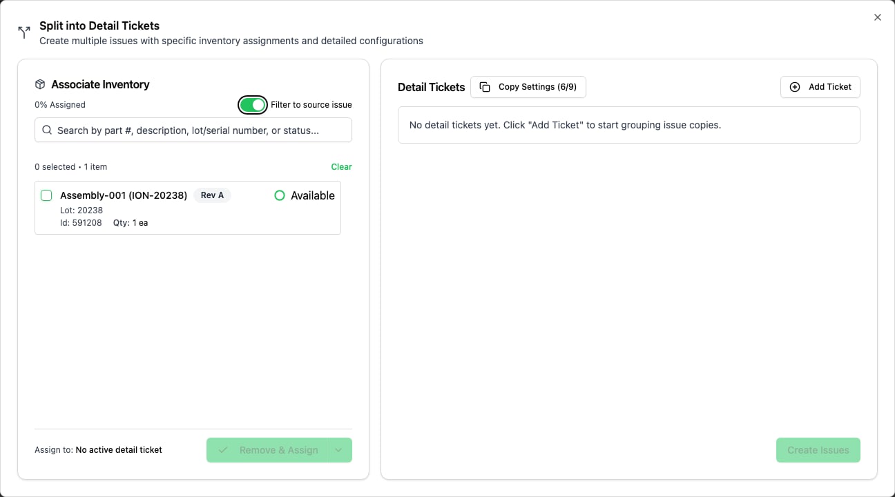 Split into Detail Tickets dialog with an Associate Inventory panel and a Detail Tickets panel
