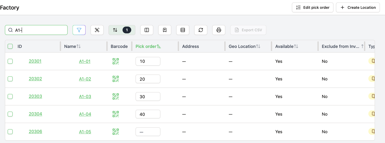 Factory table searched for A1- bins and sorted ascending by the Pick order column, showing pick orders 10 to 40 in editable cells and the unordered bin A1-05 last
