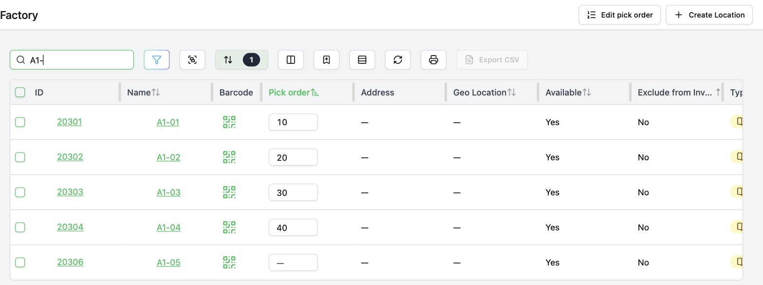 Factory table searched for A1- bins and sorted ascending by the Pick order column, showing pick orders 10 to 40 in editable cells and the unordered bin A1-05 last