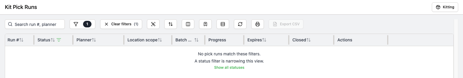 Kit Pick Runs page with one active filter and a Clear filters button, reading No pick runs match these filters, A status filter is narrowing this view, and a Show all statuses link