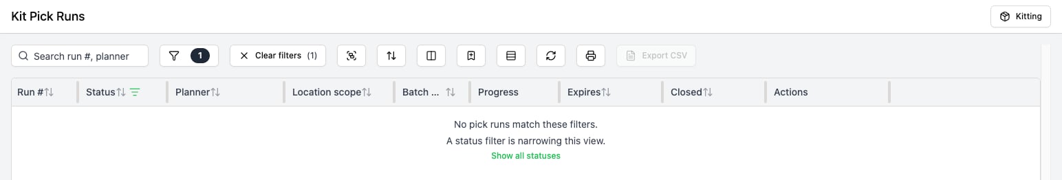 Kit Pick Runs page with one active filter and a Clear filters button, reading No pick runs match these filters, A status filter is narrowing this view, and a Show all statuses link